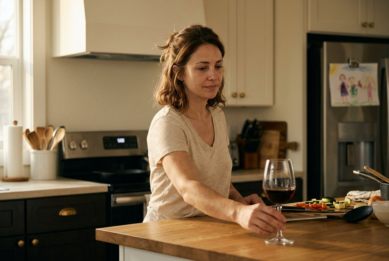 Woman at 5pm reaching for a glass of wine in her kitchen