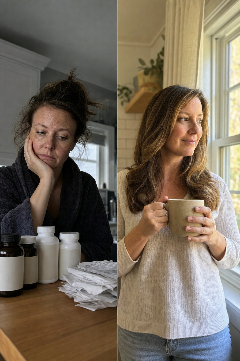 Before and after of the same comparison shopper 38 to 48, left surrounded by a row of half-used stress supplement bottles looking defeated, right calm and put-together at a sunlit kitchen window, the morning she learned why none of them worked