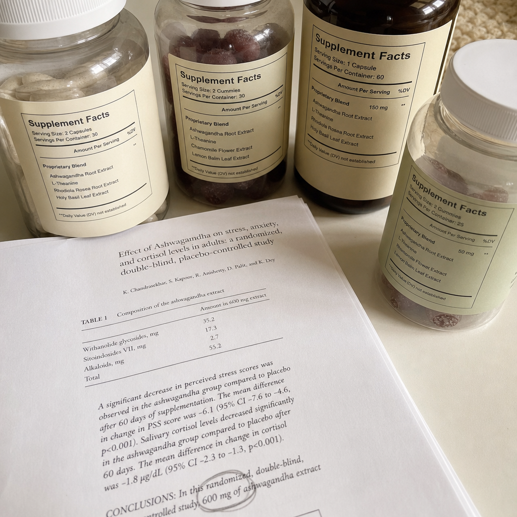 Close flat-lay of several anonymous unbranded stress supplement bottles turned to show fine-print labels reading proprietary blend with no milligram amount, beside a printed research page with 600mg circled, the dose gap that made the failed brands fail
