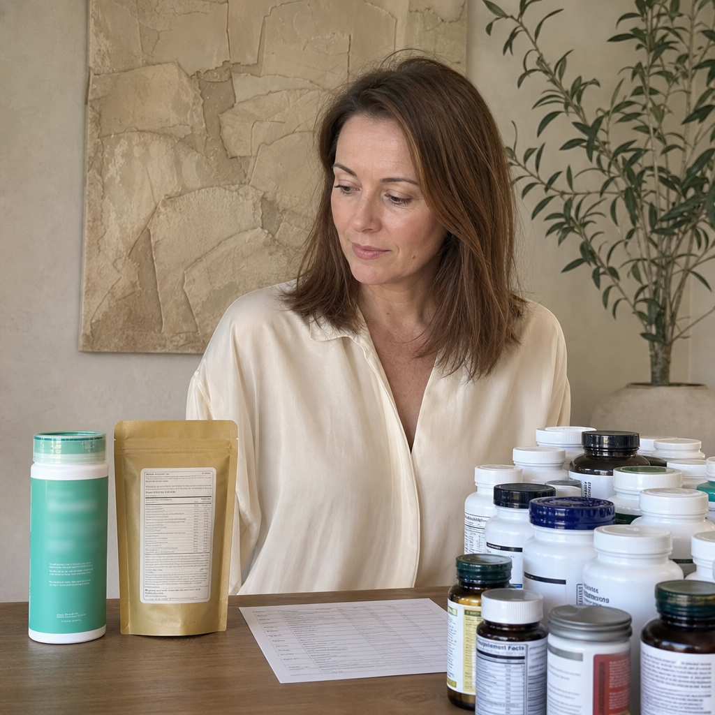 Lauren Hartley at a table with the two products that passed the lab set apart on her left, a distinctive green magnesium-calm bottle with its brand name blurred and the back of a soft-gold supplement pouch with no front logo showing, a printed test report in front of her and the larger pile of failed bottles pushed aside