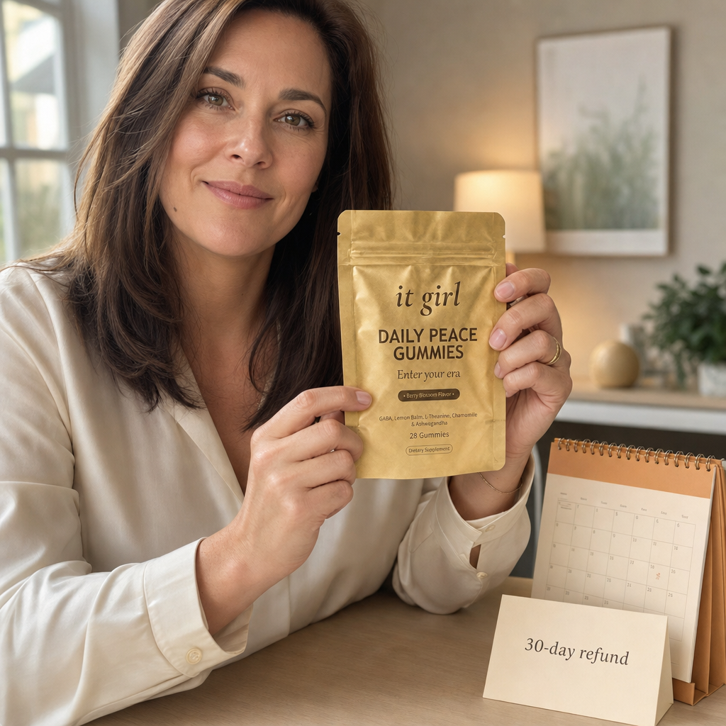 Lauren Hartley at a cream desk holding the gold It Girl Daily Peace pouch in both hands looking at the reader, a calendar with a full month marked and a 30-day refund card beside her, the journalist who partnered with the brand