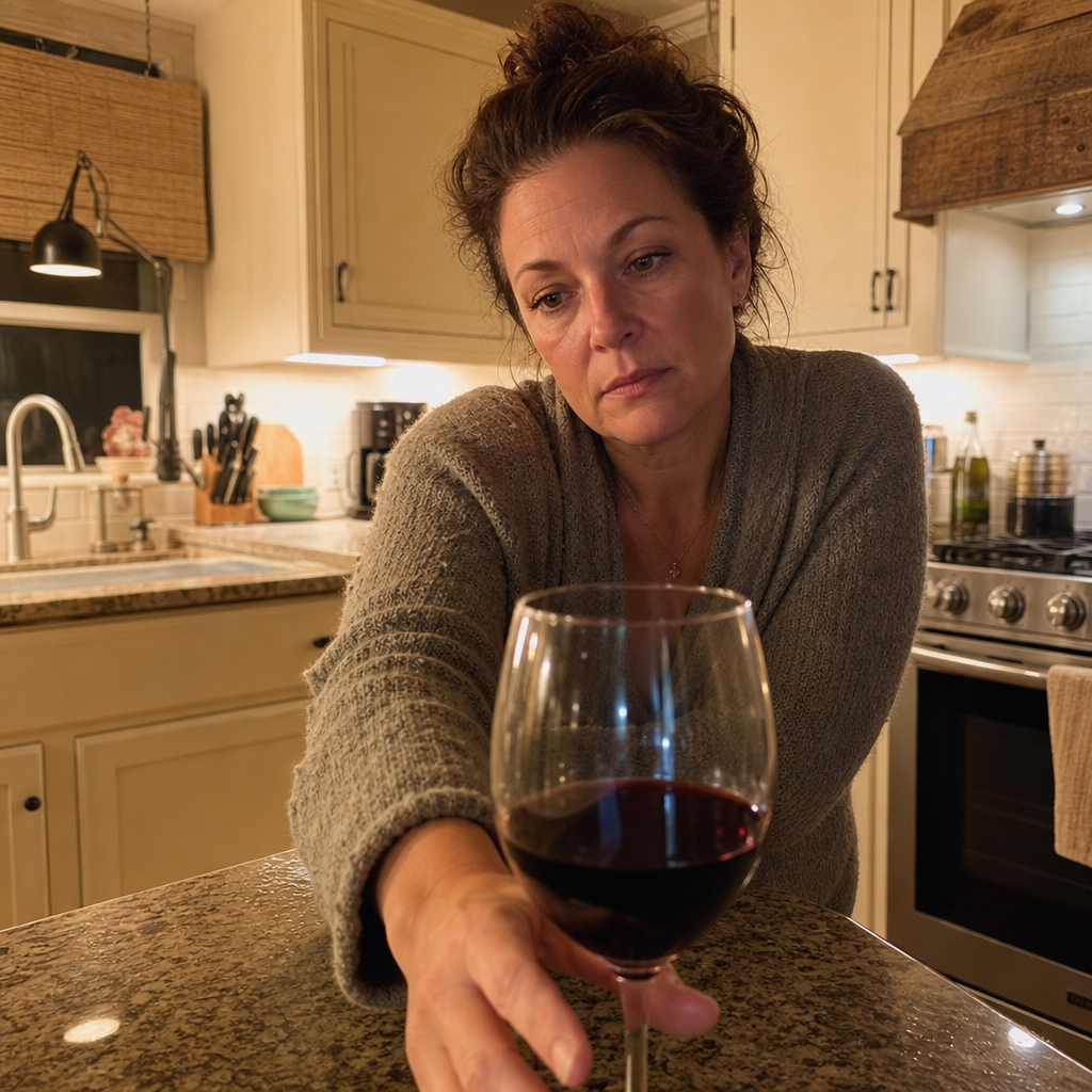 Tired woman in her forties in a warm-lit kitchen at 7pm reaching toward a single glass of wine on the counter, the rational end-of-day reach