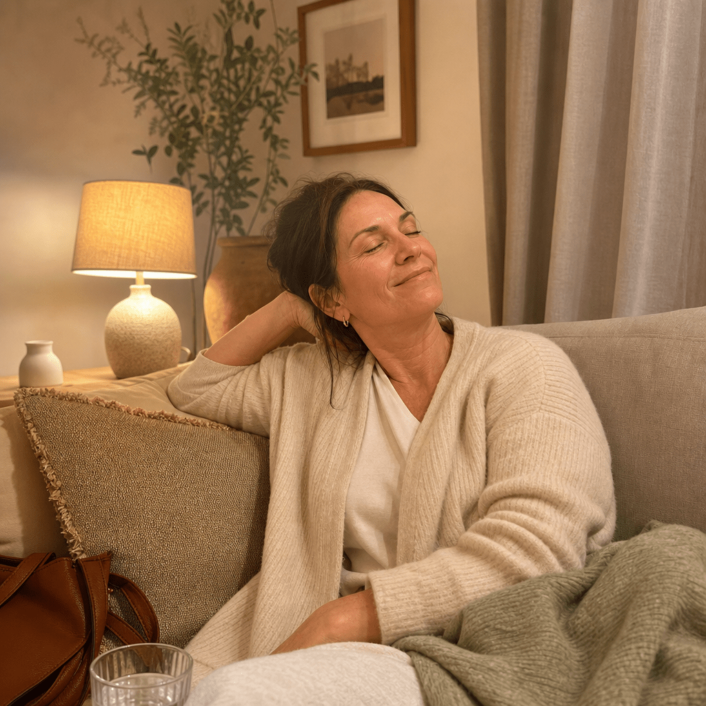 Woman about forty-five on her couch in soft evening light, shoulders dropping, a calm exhale, water nearby, no wine, the end-of-day calm she was reaching for