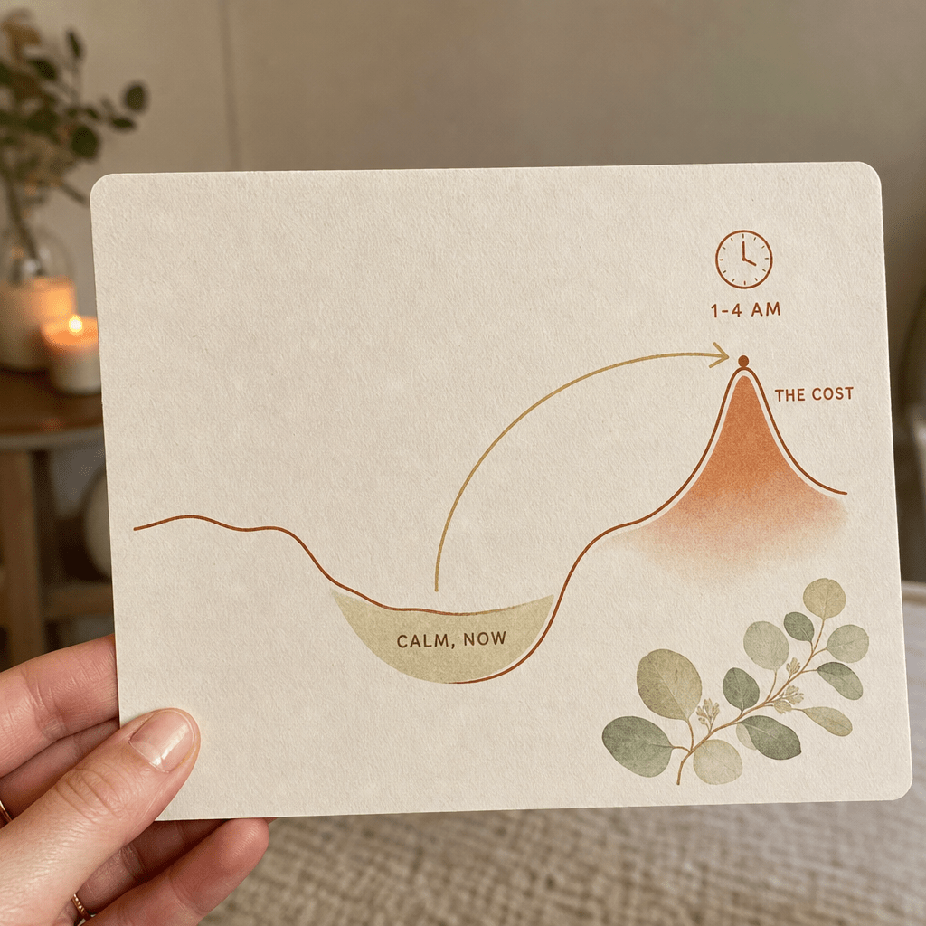 A warm cream-and-clay infographic card showing the cortisol loan, a calm curve dipping low into an evening calm-now pool then rebounding into a sharp 1 to 4am spike marked as the cost, with a gold arrow looping the borrowed calm forward to the early-morning rebound, no people