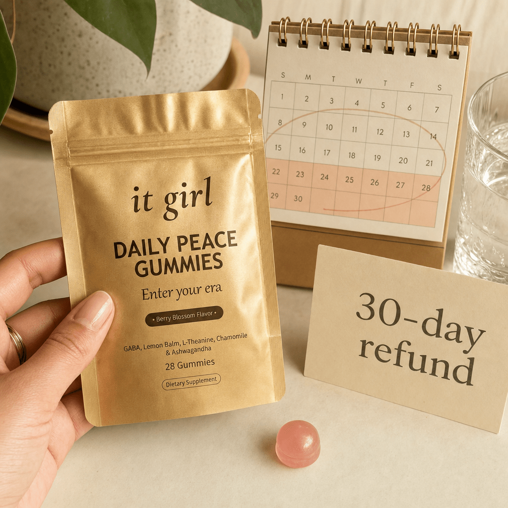 Daily Peace pouch beside a desk calendar with a month marked and a 30-day refund card on a cream surface, a full month to feel it