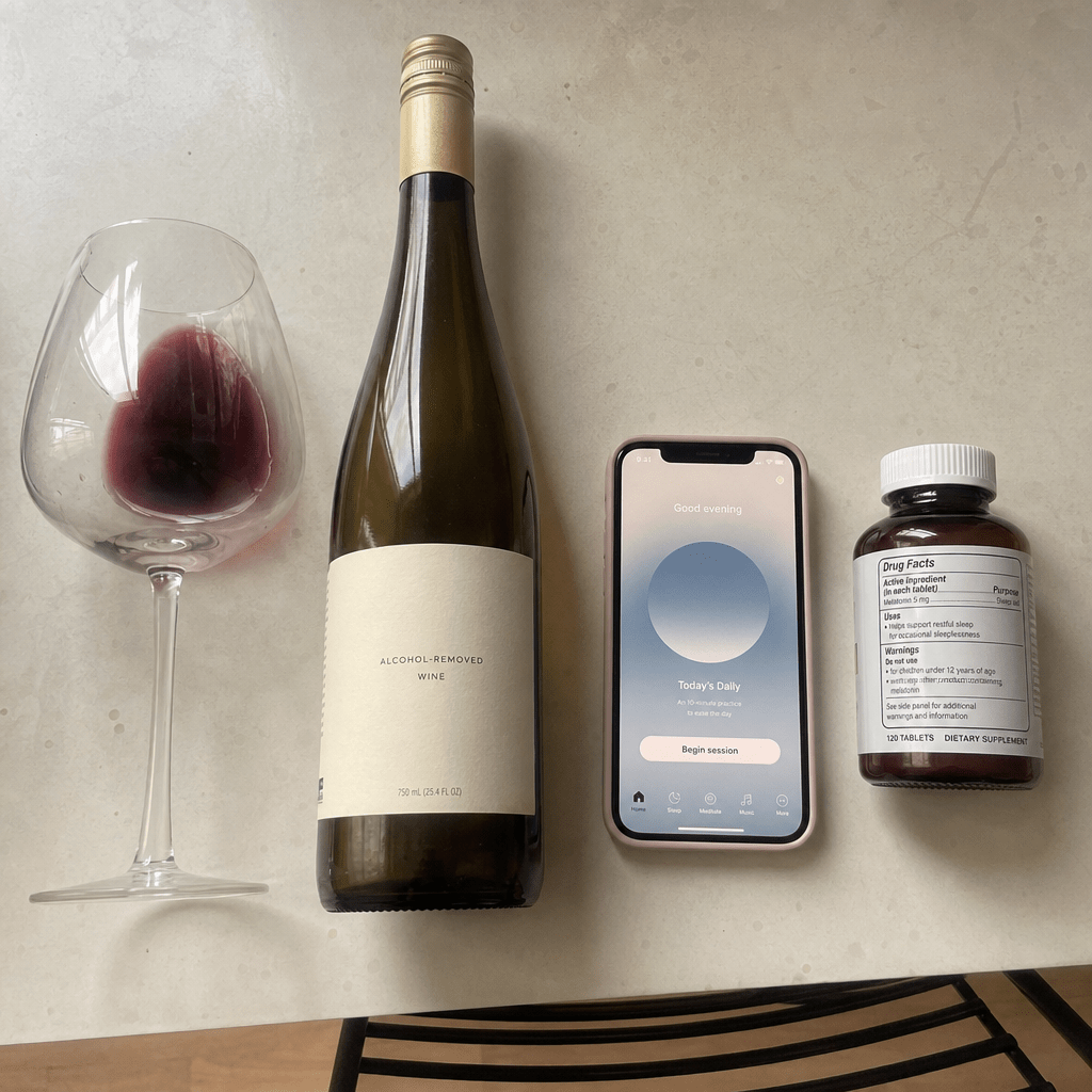 Comparison still of the real evening wind-down options women try, a wine glass, a de-alcoholized wine bottle, a meditation app on a phone, an amber melatonin bottle, each falling short of the calm signal