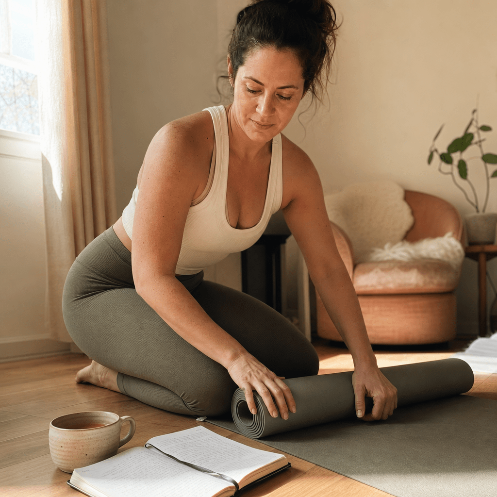 Woman 32 to 45 mid-morning on her yoga mat folding it up, journal and tea beside her, doing every right thing and still carrying the tension