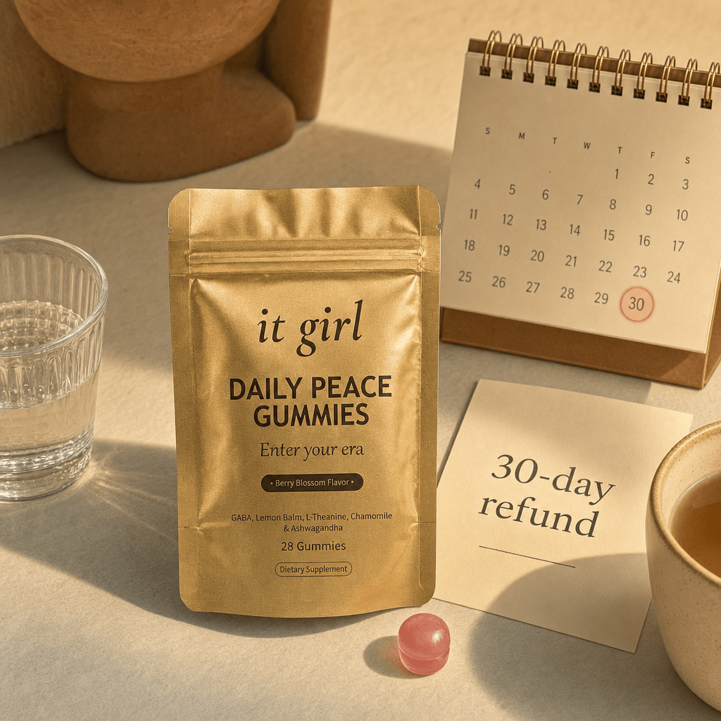 Daily Peace pouch beside a month calendar and a 30-day refund card on cream, a full month of evenings to feel it risk-free