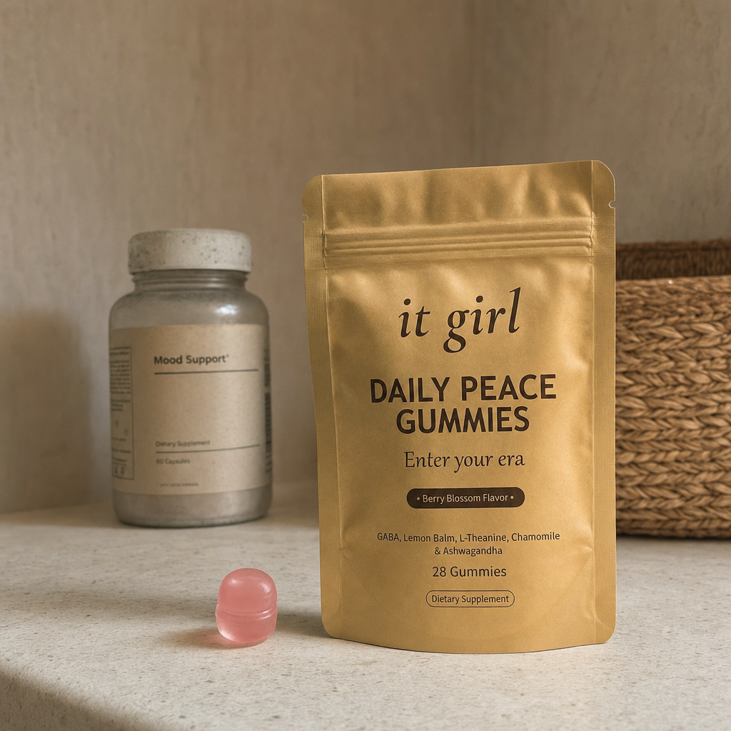 Forgotten half-used supplement bottle at the back of a pantry, Daily Peace forward in focus, the one that keeps working