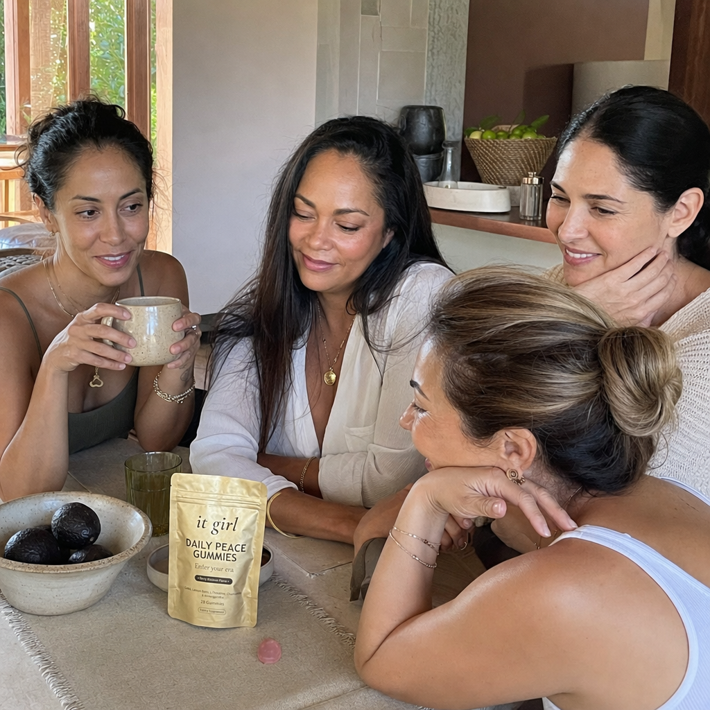 Several women 38 to 55 calm together in a warm everyday setting with a Daily Peace pouch subtly present among them, a shared experience measured over weeks