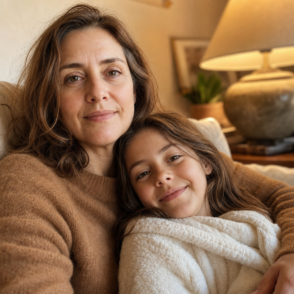 Woman on the couch in lamp light, child in her lap, phone nowhere in frame, present again