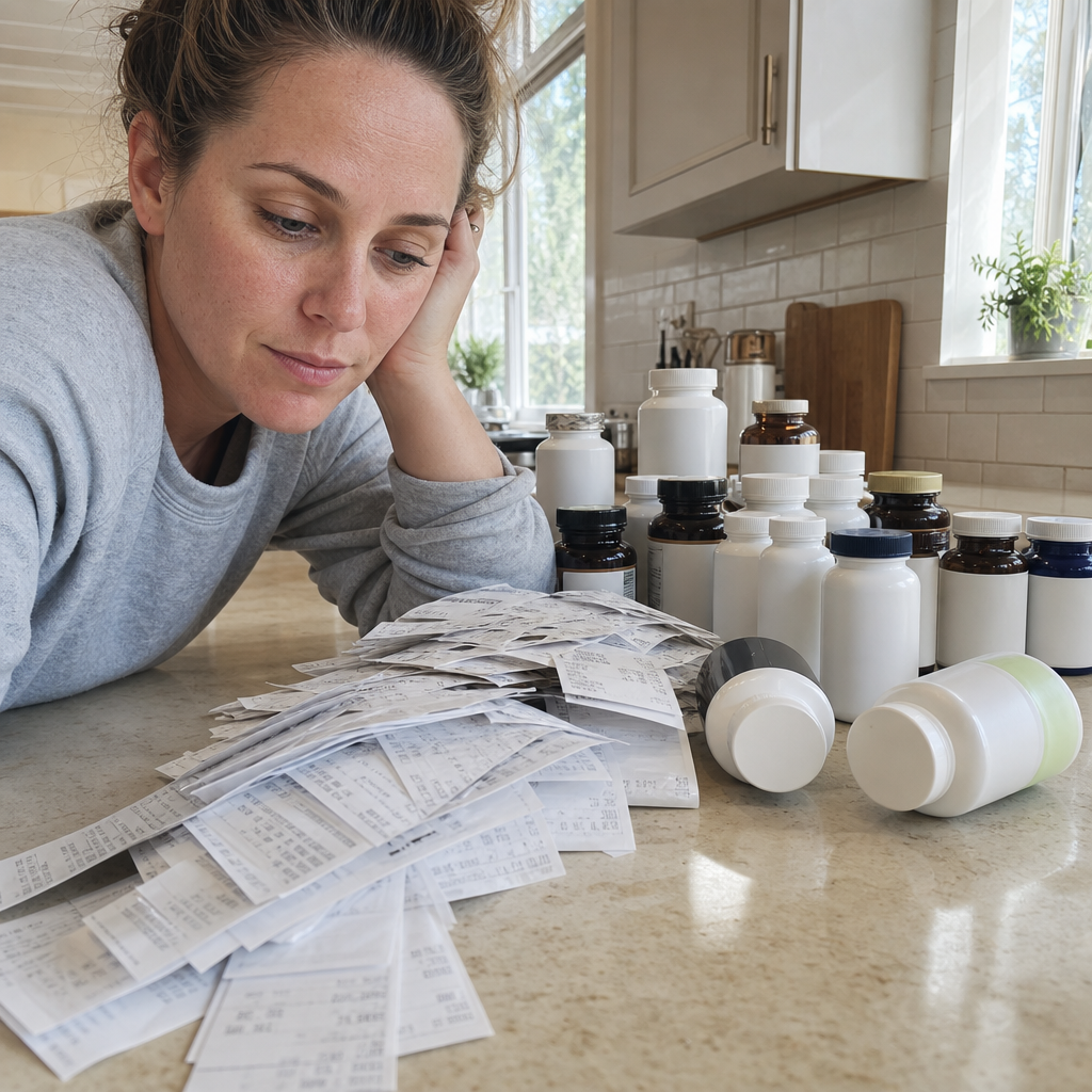 A real spread of stress supplement bottles and a long pile of store receipts on a kitchen counter, the money that kept vanishing on calm that never came
