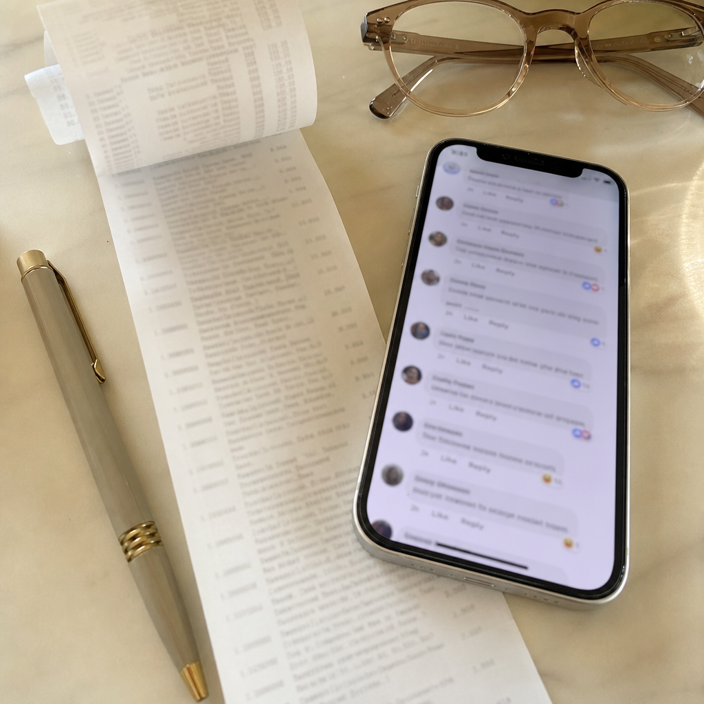 Overhead of a long paper receipt and a phone showing a Facebook thread of women replying, a quiet tally of money Lauren spent on stress supplements that did not deliver the dose