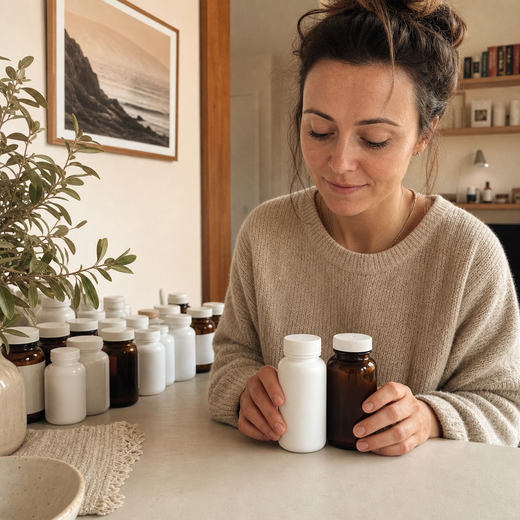Two anonymized stress supplement bottles set apart from a row of rejected ones on a cream lab surface beside a card reading KSM-66 600mg, the only two that carried the studied dose