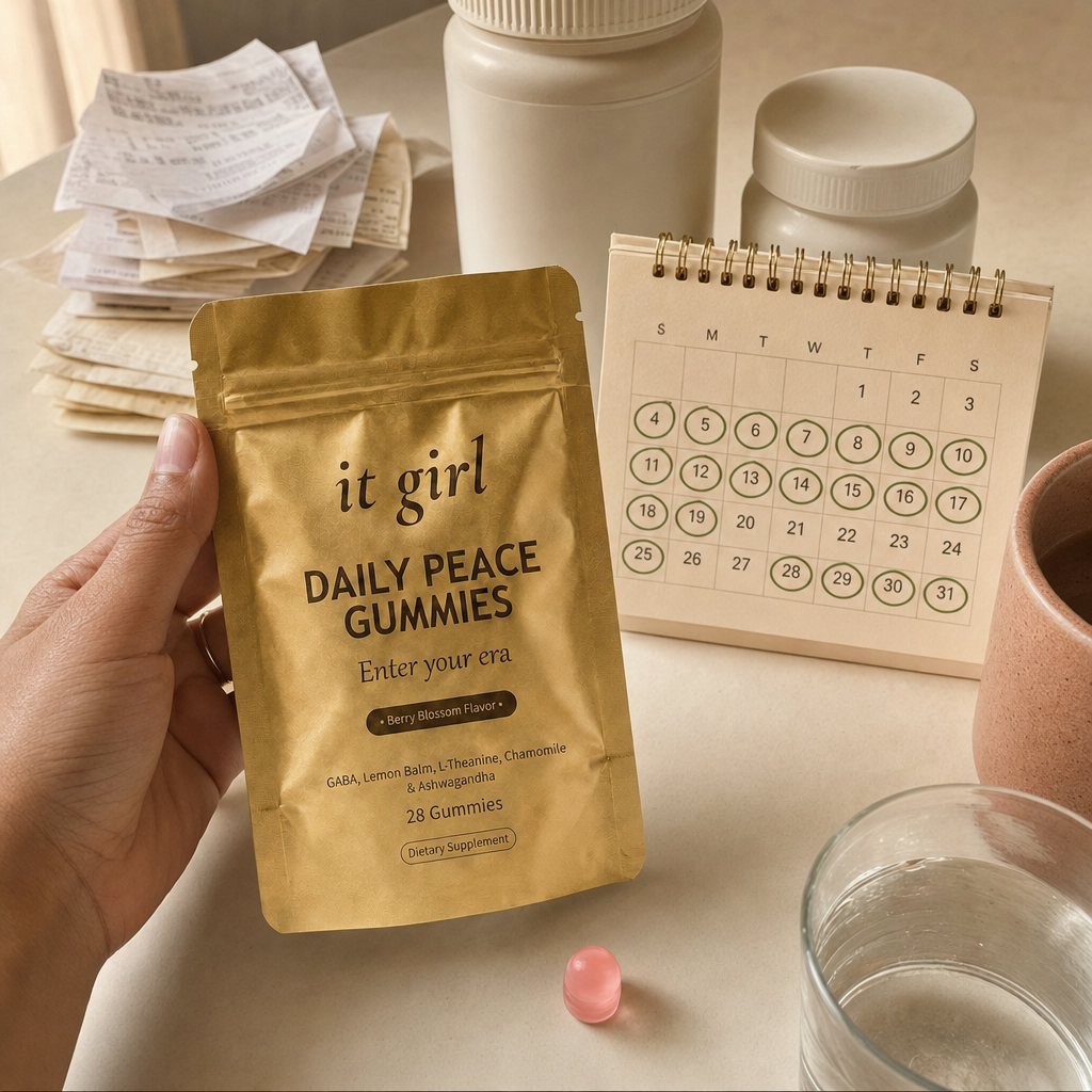 The palm-sized It Girl Daily Peace pouch beside a month calendar and a small stack of receipts, a whole month of the studied dose for about a dollar a day