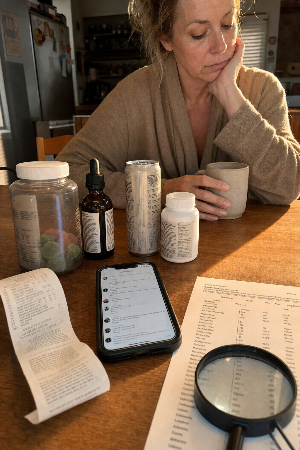 Investigative editorial still of a CVS-style receipt and a row of anonymized spent stress-supplement bottles on a warm kitchen table at golden hour, a phone showing a $487 receipt total, no product and no model