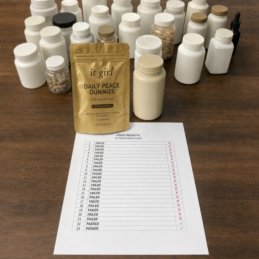 Overhead iPhone photo of a table where two passing supplement products sit forward and twenty-one failed bottles are arranged behind, with a study document listing twenty-one supplements marked with red Xs and only two marked with green checks