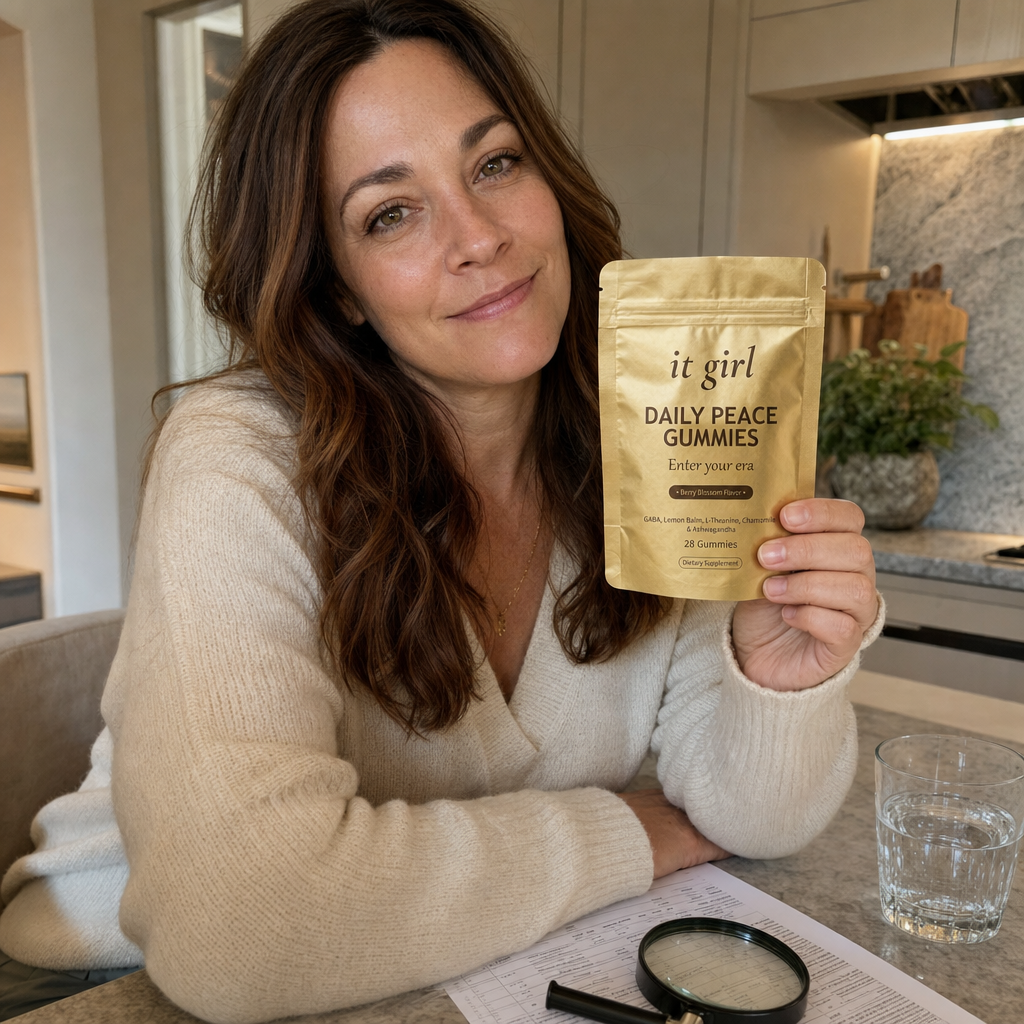 Lauren Hartley at her kitchen counter holding the gold It Girl Daily Peace pouch toward the camera, a printed lab note and magnifier on the 600mg line beside her, the moment she sees the label is the real dose
