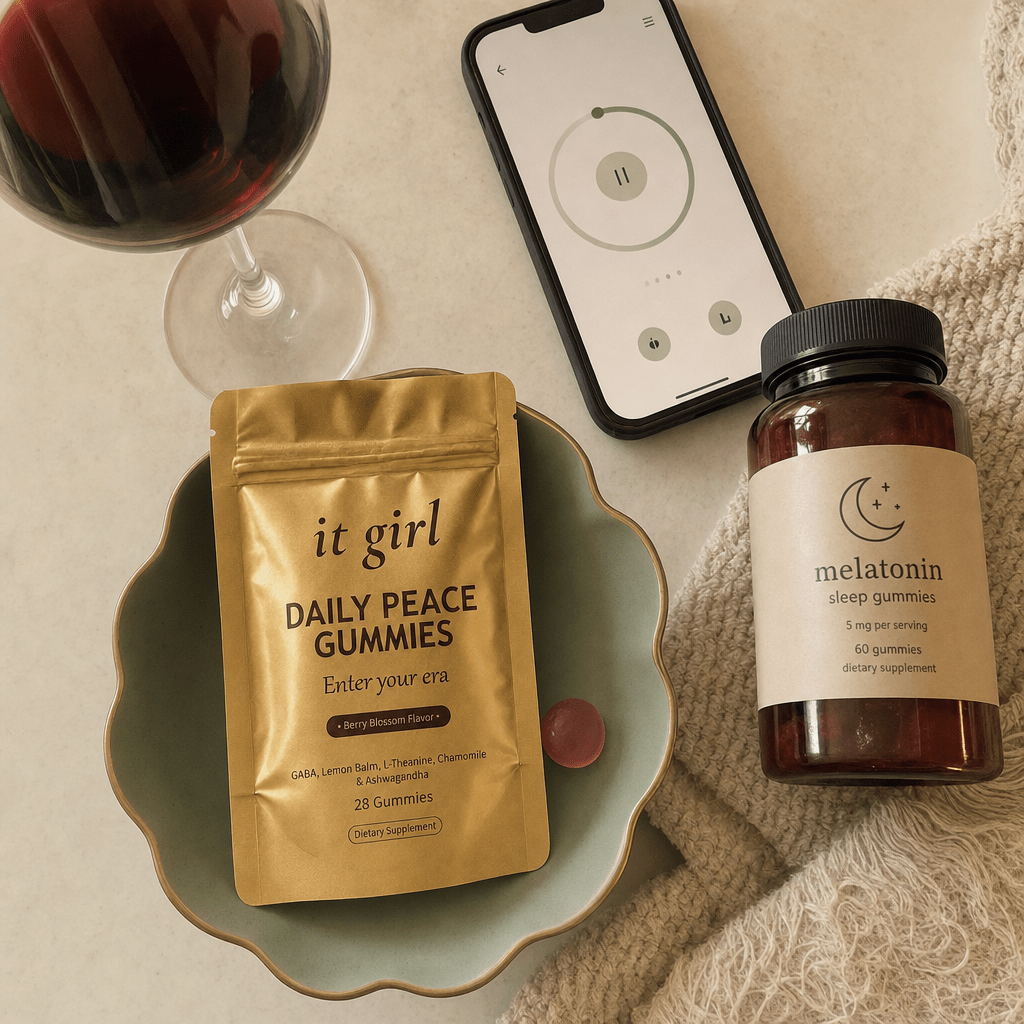 Counter of the real alternatives a tired mom tried, a poured glass of red wine, a phone showing a meditation-app timer screen, a drugstore-style melatonin gummy jar, with the gold Daily Peace pouch chosen forward