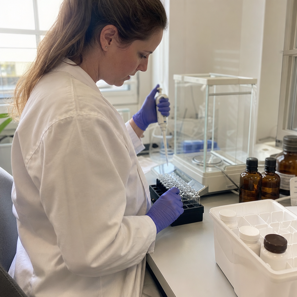 An ISO-accredited testing lab bench, a gloved technician pipetting sample vials with anonymous unbranded supplement bottles waiting in a tray, the gummies sent in for testing