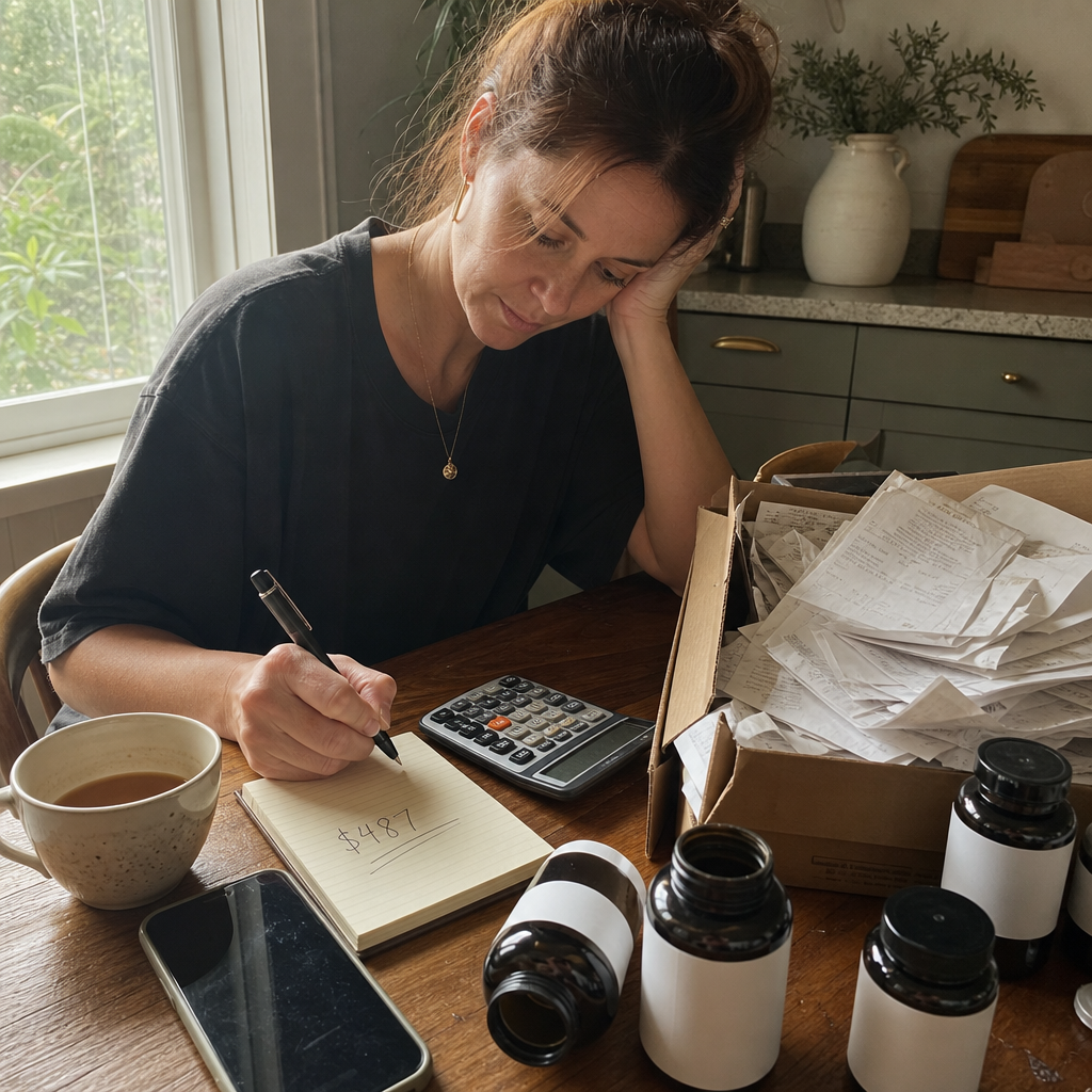 Photoreal photo of a woman's hands at a sunlit kitchen table adding up two years of supplement receipts to 487 dollars beside empty generic bottles, the moment she realized it was never her fault