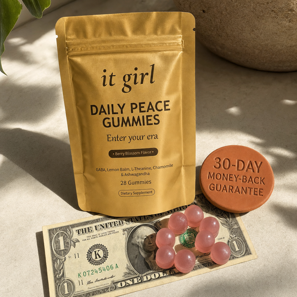 Photoreal product moment of the gold It Girl Daily Peace pouch beside a one-dollar bill with pink gummies and a warm-clay 30-day money-back guarantee badge, the dollar-a-day close