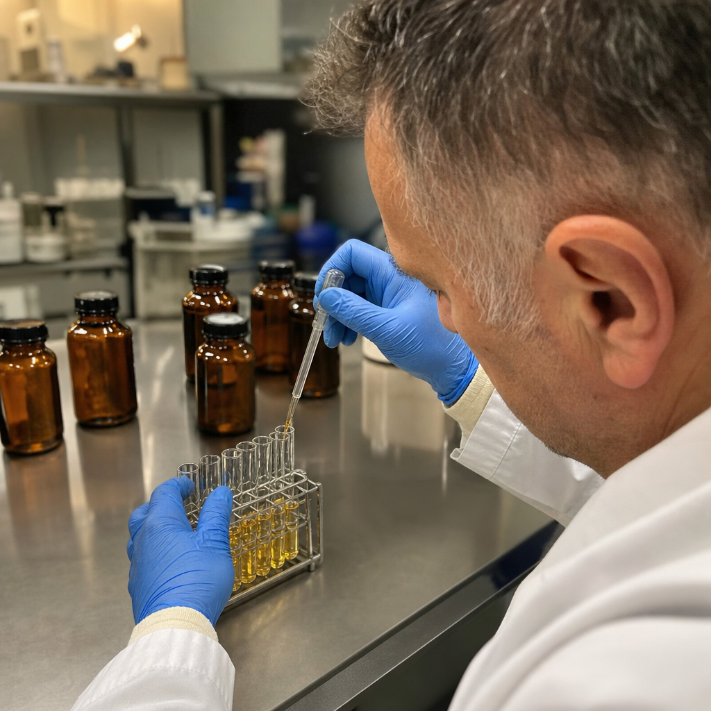 A gloved technician testing rows of unlabeled supplement bottles inside an accredited lab, how the 23 brands were actually tested