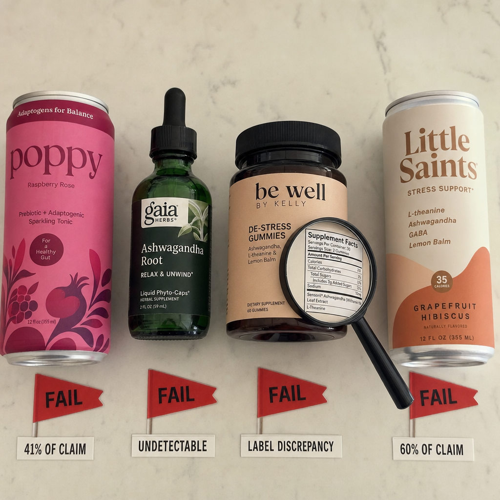 Forensic lab lineup of recognizable real stress supplement bottles and adaptogen drinks with red fail tags, the shelf that failed potency testing