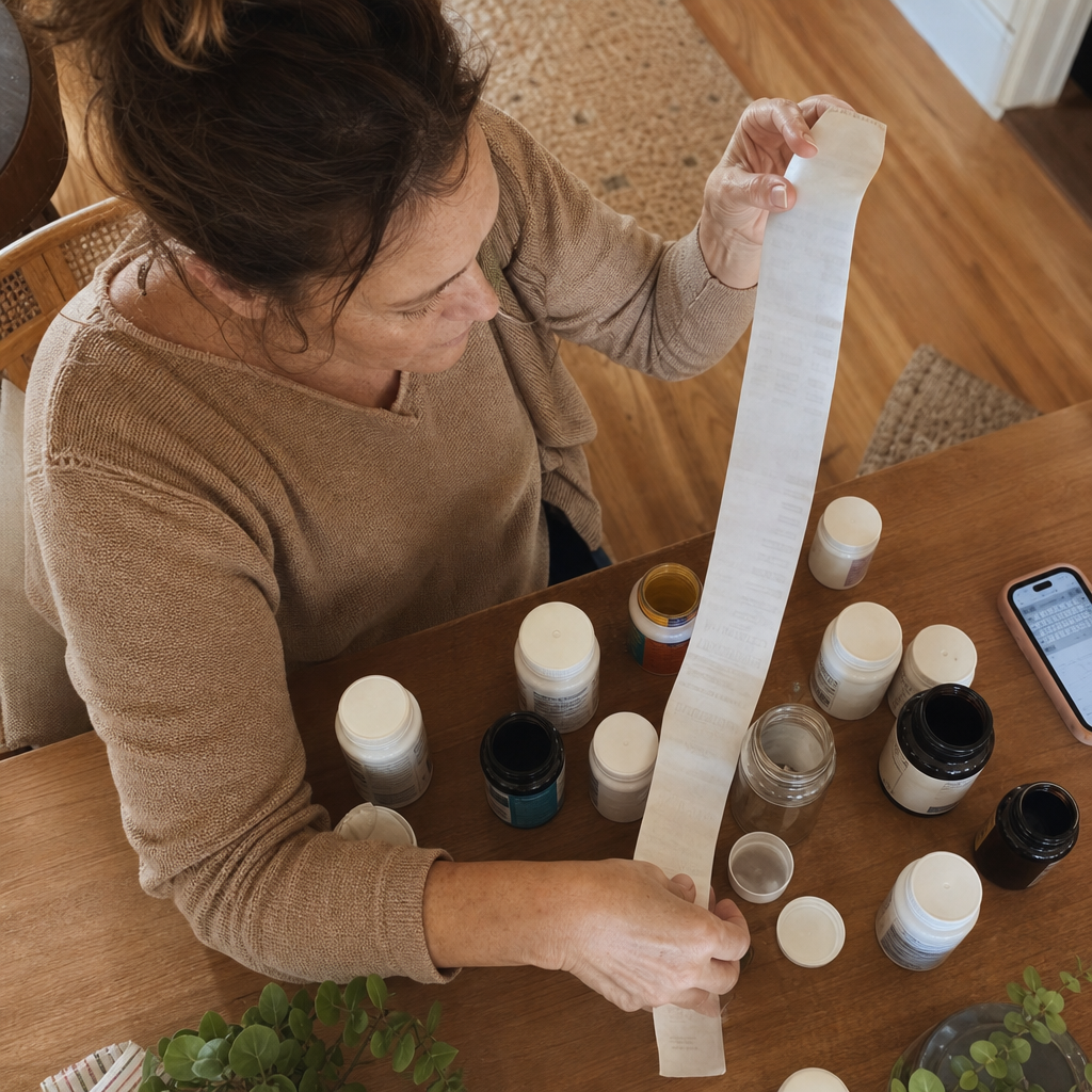 Overhead photo of a woman's hands holding a long curling supplement receipt over a kitchen table scattered with empty generic stress-supplement bottles