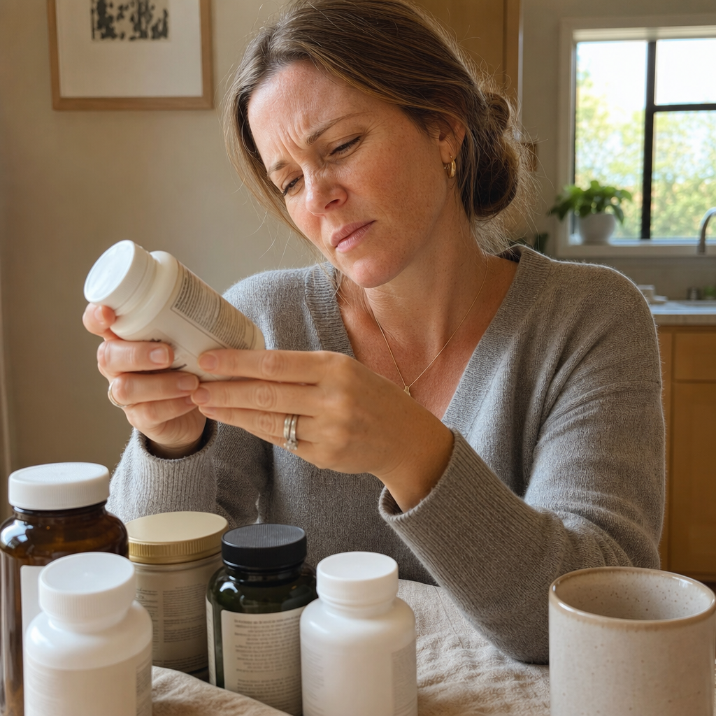 A skeptical woman at her kitchen table squinting at the fine print on the back of a generic supplement bottle, realizing the dose is far smaller than she thought