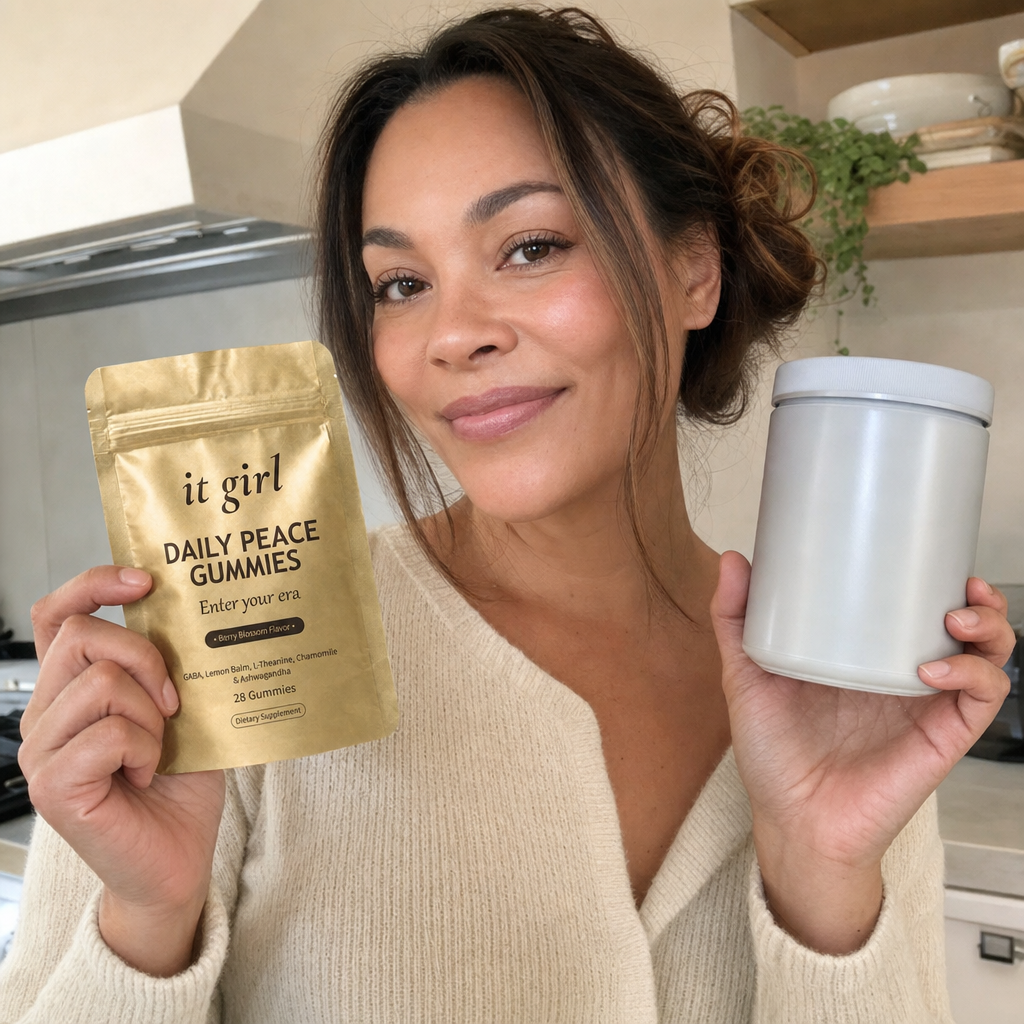 A woman holding the gold It Girl Daily Peace pouch in one hand and a plain unbranded generic supplement jar in the other, comparing them side by side