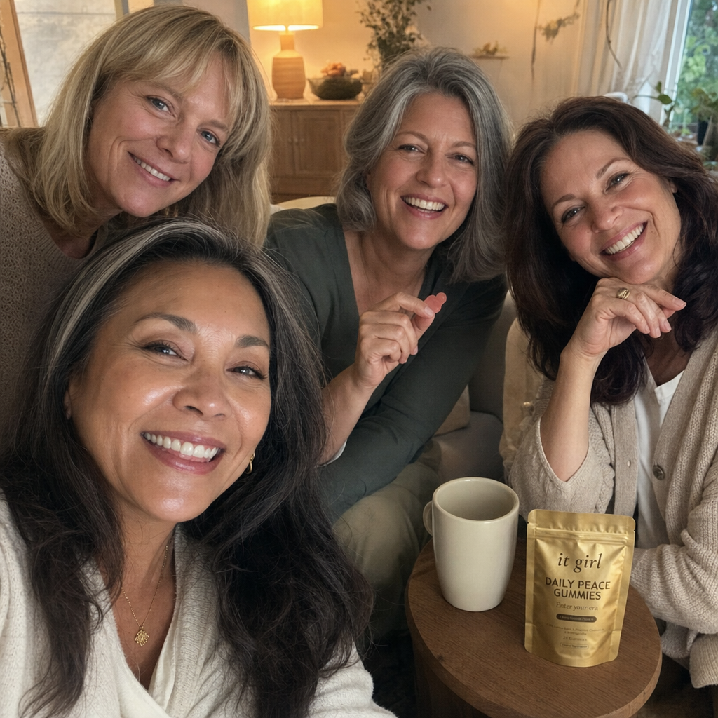Relaxed group of women 50 to 65 with tea and water, present and laughing, no wine, not the only one