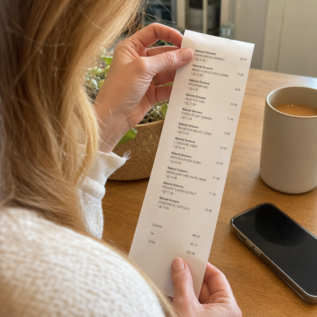 Real photo of a woman's printed supplement-store receipt held in one hand on a kitchen table, several stress-supplement line items visible, the same brand repeating, a faded total near 487 dollars, two years of receipts