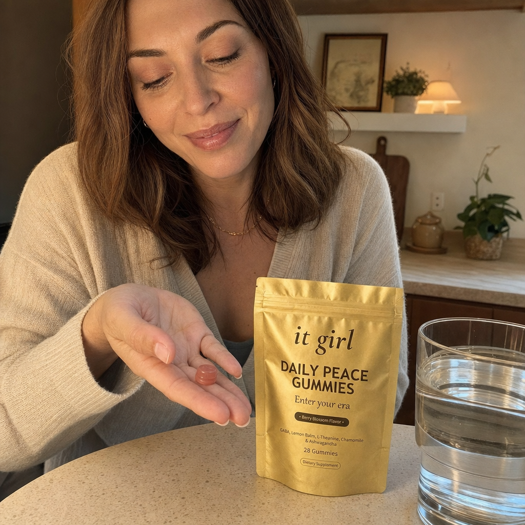 Lauren Hartley taking a single pink Daily Peace gummy from her palm in early-evening kitchen light, the gold pouch and a glass of water beside her