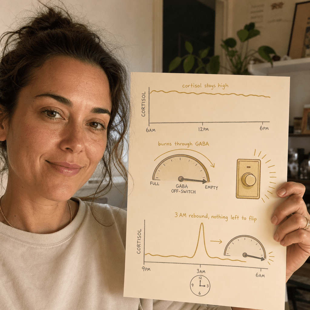 Simple educational diagram of the cortisol off-switch mechanism, cortisol staying high all day and burning through the GABA off-switch so 3 AM has nothing left to flip