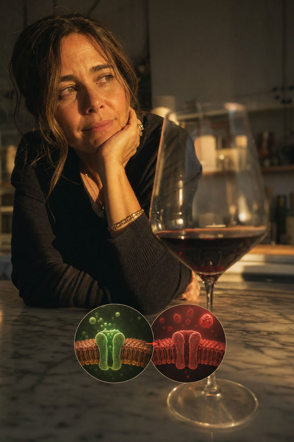 A soft-focus wine glass on a marble counter at golden hour with a small two-state receptor inset, wind-down receptor open glowing green on one side and the 3am wake-up cortisol surge in red on the other, the two events separated