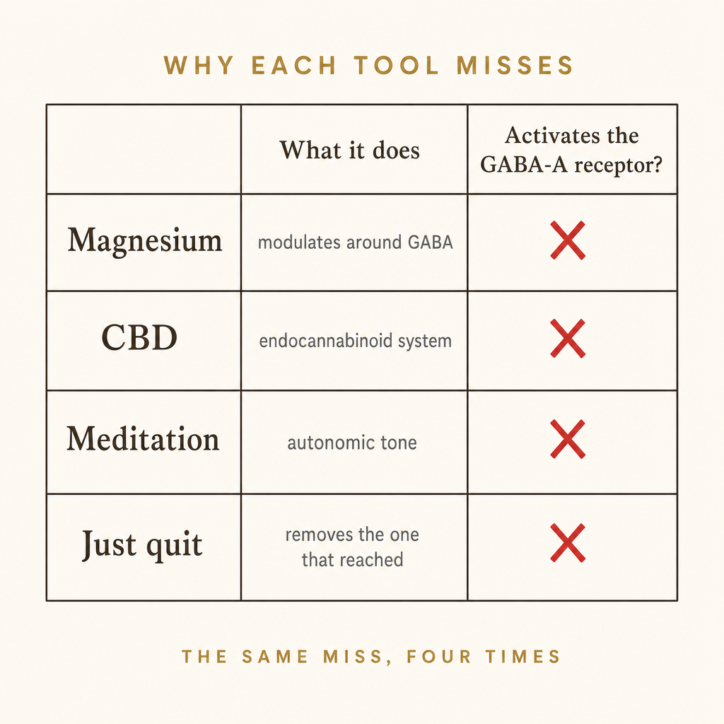 Comparison grid of magnesium, CBD, meditation and just-quit, each marked missing on the activates-GABA-A column.