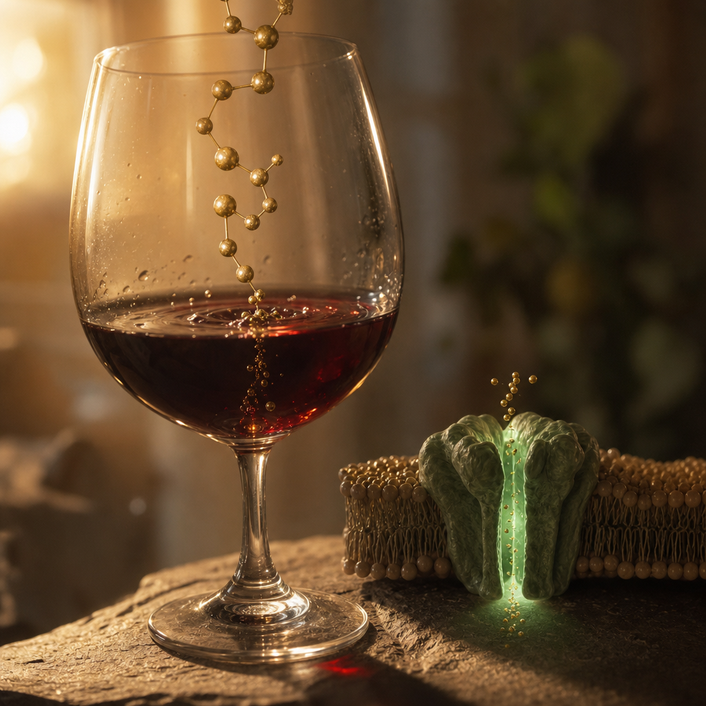 A single wine glass with a GABA-A receptor cross-section glowing calm green as a gold GABA molecule drops into it, ethanol forcing the calm brake open, the delivery is the problem, no product