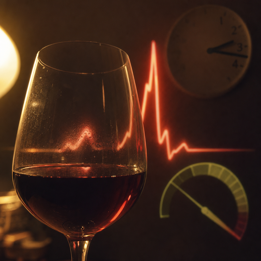 The same wine glass in warm light with a red overnight cortisol-rebound line spiking behind it and a faint clock reading between 1 and 4, a draining green calm-reserve gauge, the 1am penalty made literal, no product