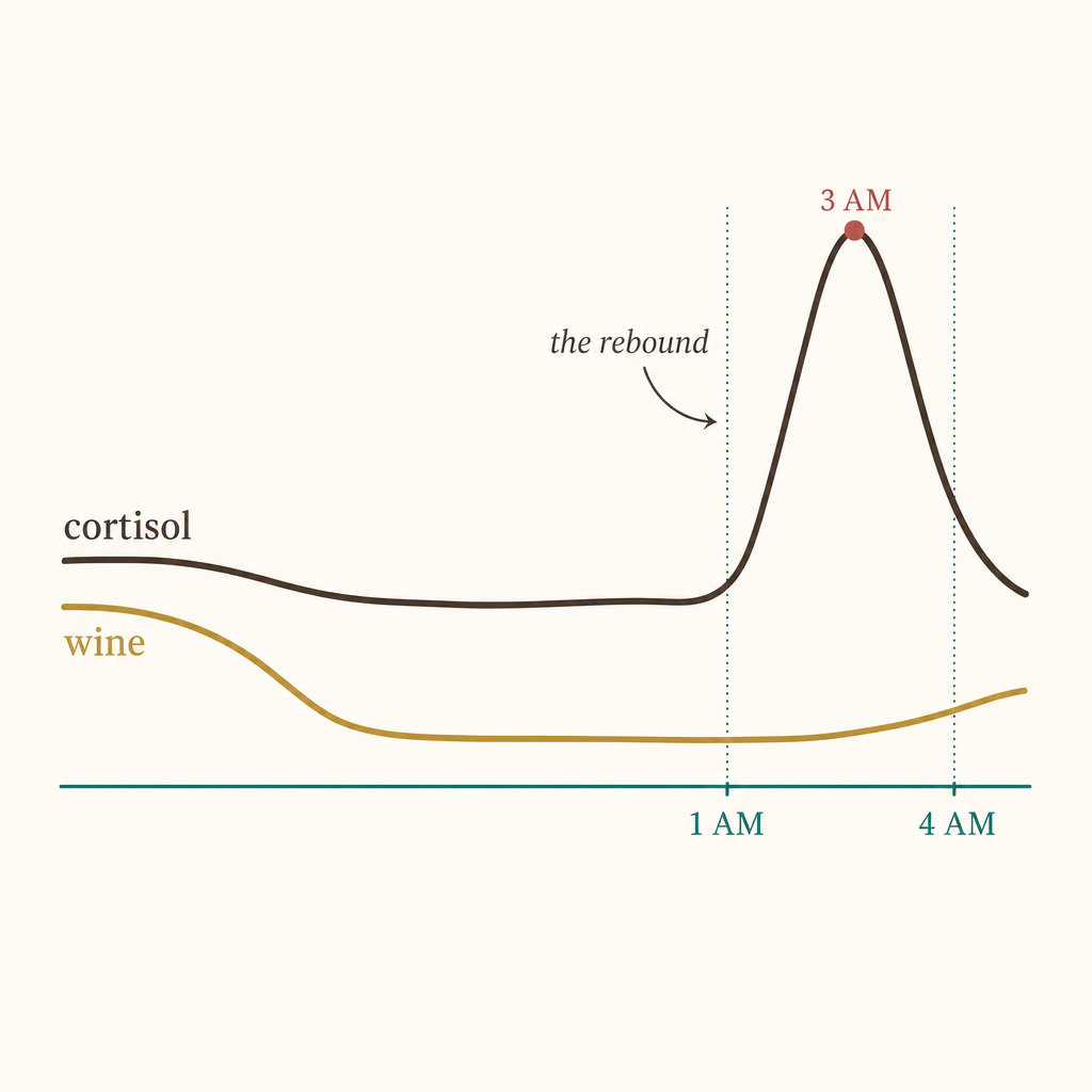 Flat editorial line chart of wine's borrowed calm dipping in the evening then a cortisol rebound spiking between 1 and 4 AM, labeled 3 AM