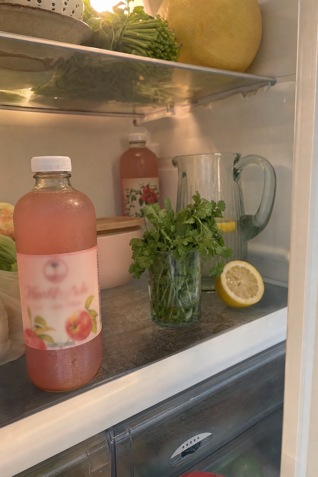Candid native editorial photo into an open home refrigerator, one sealed untouched kombucha bottle set apart front-left, the sober-curious alternative that never got opened