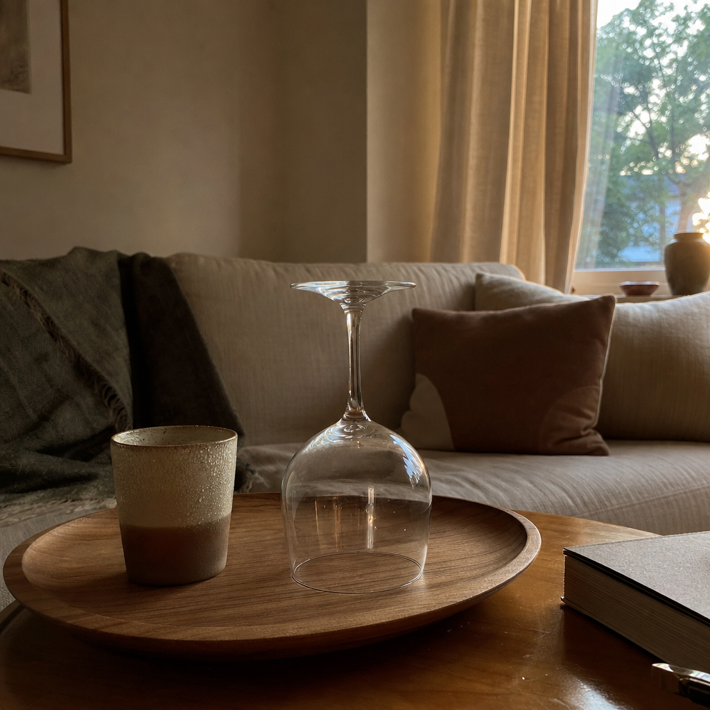 Quiet end-of-day living room at six in the evening, an empty glass and a cold cup of tea by the window, the moment the day's tension is supposed to let go