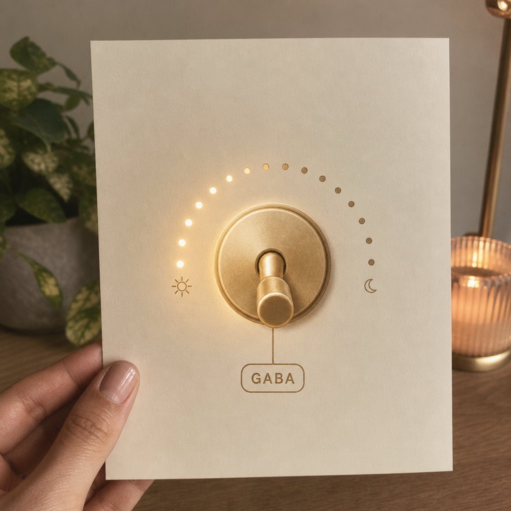 Clean editorial diagram of the nervous system off-switch, a soft dimmer-switch motif on cream illustrating the GABA inhibitory calm signal