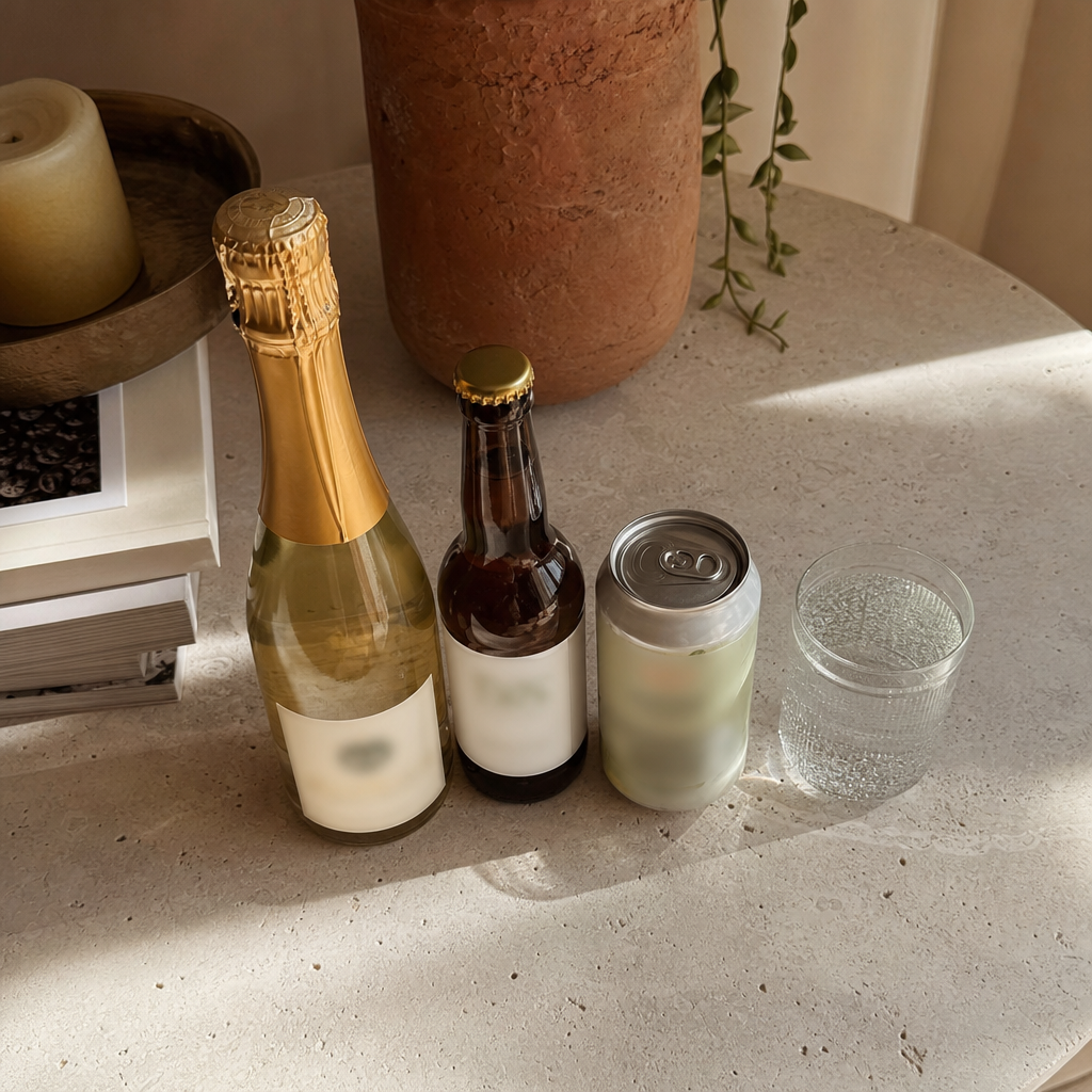 Editorial still of the non-alcoholic alternatives lined up, an unopened Nosecco, non-alcoholic beer, an adaptogen seltzer, sparkling water, none of them reaching the nervous system