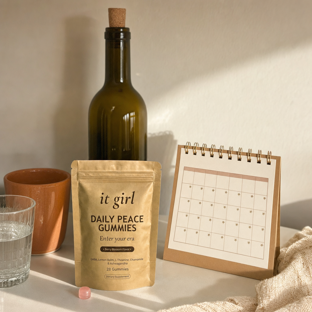The palm-sized gold It Girl Daily Peace pouch and a month calendar beside one plain corked bottle of wine on cream, a whole month of calm for less than one bottle