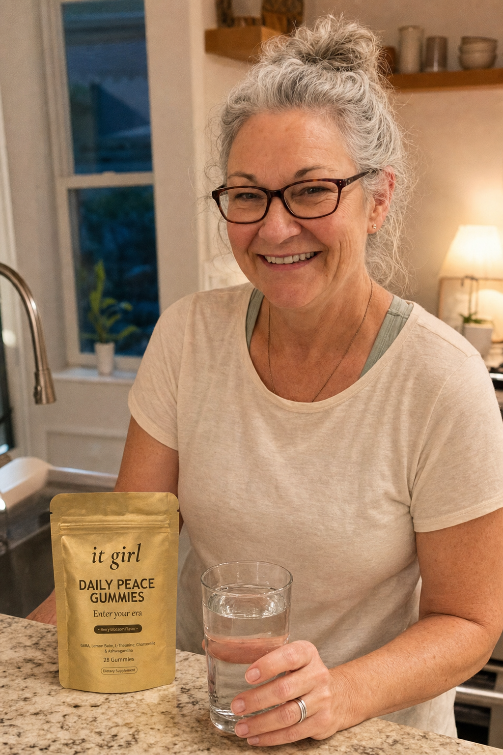 Woman in her early sixties calm and put-together in her early-evening kitchen, a glass of water in hand and the gold It Girl Daily Peace pouch on the counter, no wine