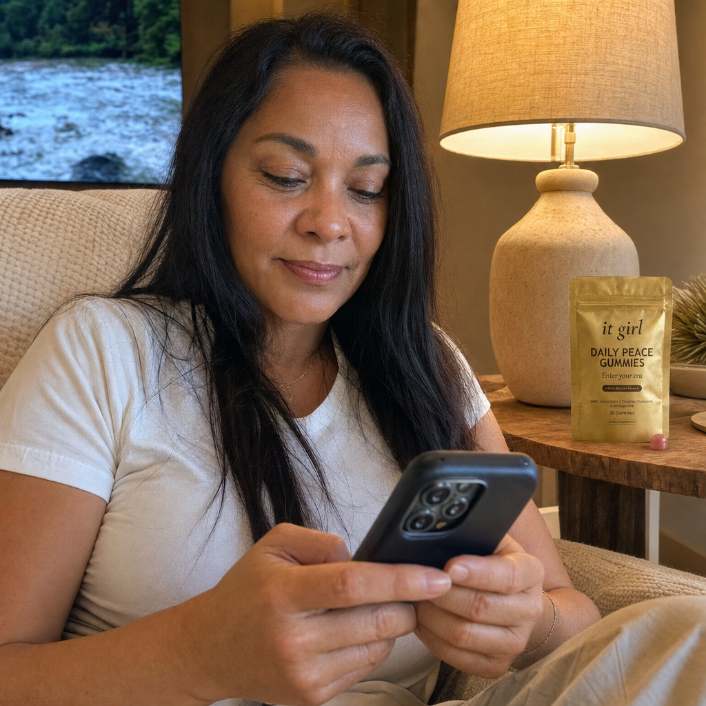 A calm woman in her late fifties on her couch on an ordinary Tuesday evening, phone in hand writing a note by warm lamplight, a documentary glowing softly, the gold Daily Peace pouch on the side table, the reach finally quiet