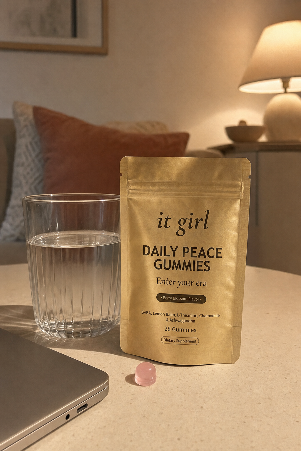 The real matte gold It Girl Daily Peace pouch on a warm cream kitchen counter in soft evening light beside a single glass of water and a closed laptop, the calm signal handed back without the drink at the six o'clock hour