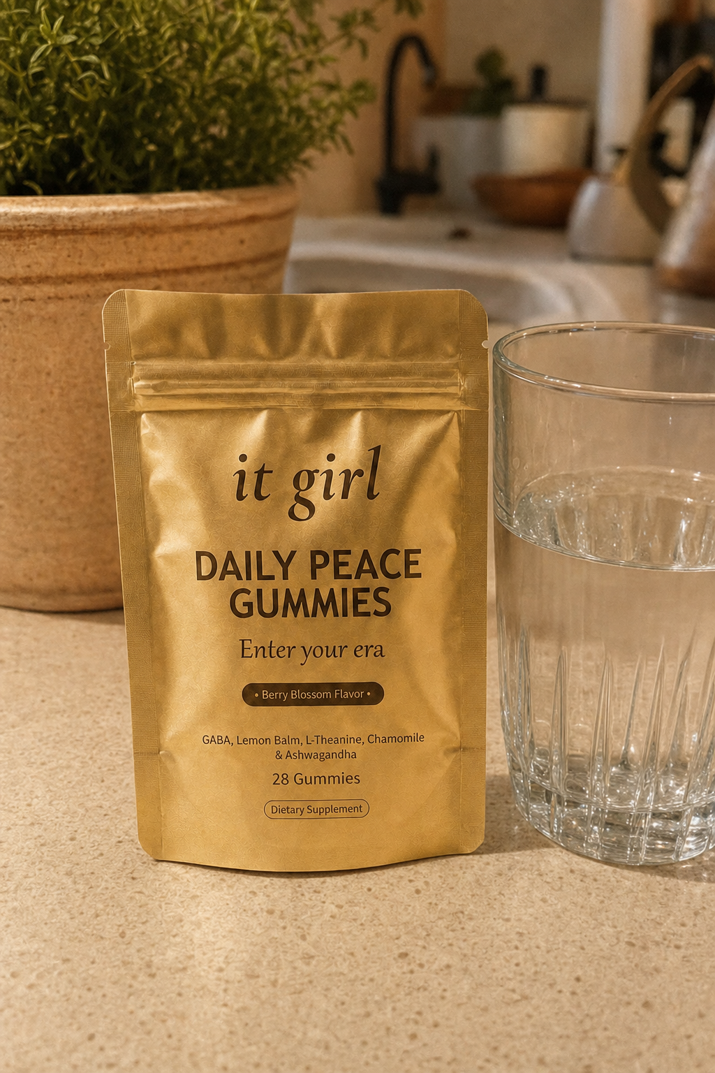 The real matte soft-gold It Girl Daily Peace pouch on a warm cream kitchen counter in soft evening light beside a single glass of water, at the six o'clock hour the wine glass used to appear, the calm signal handed back without the drink