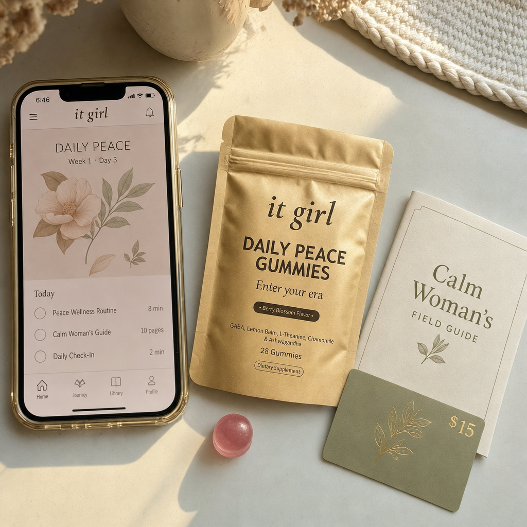 The real It Girl Daily Peace bundle on warm cream, the gold pouch front and center with the It Girl app on a phone, the Calm Woman's Field Guide booklet and a fifteen-dollar gift card, a whole month of calm for about a dollar a day